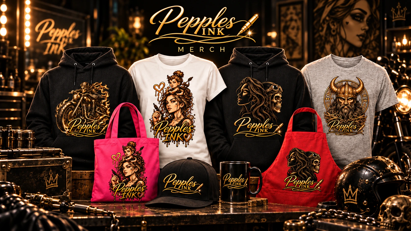Pepples Ink Merch mit Hoodies, Shirts, Taschen und Accessoires im Schwarz-Gold-Design